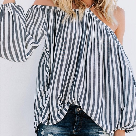 5⭐️ /SERENITY/ Cold Shoulder Striped Blouse Top - Picture 5 of 9